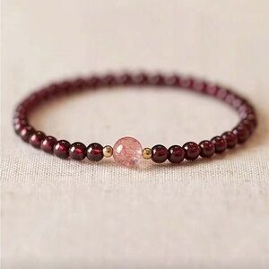 Garnet Beaded Bracelet With Strawberry Quartz - Handmade Women's Bracelet